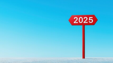 A red signpost displaying "2025" against a clear blue sky, symbolizing the future and upcoming events or milestones.