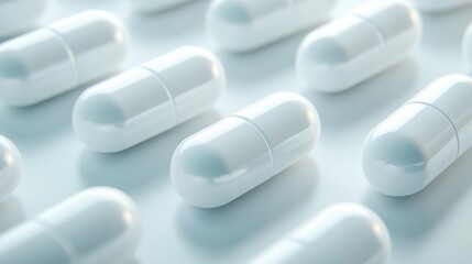 A row of white pills are lined up on a white background