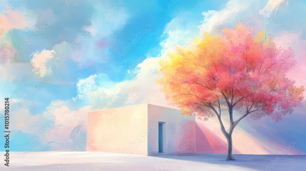 Canvas Prints a tree with pink leaves is in front of a white building