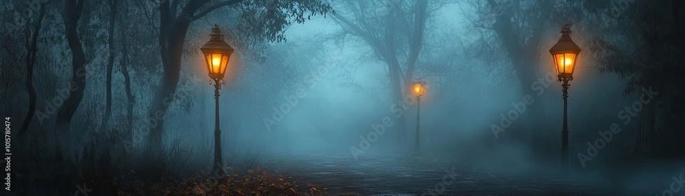 Poster a serene nighttime scene featuring glowing lanterns amidst a mysterious foggy forest, evoking a sens
