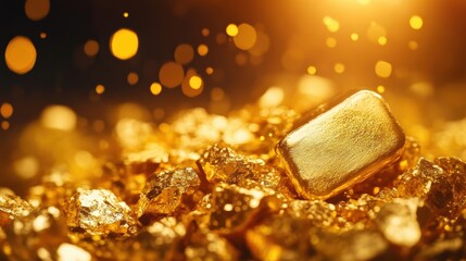Gold bar on glittering gold nuggets, luxurious wealth and investment concept.