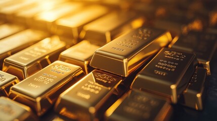 Close-up view of shiny gold bars stacked together on a reflective surface.