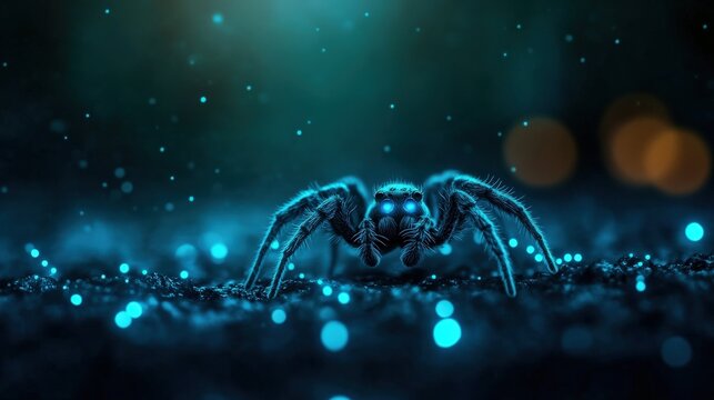 Close-up of a glowing spider against a dark, sparkling background.