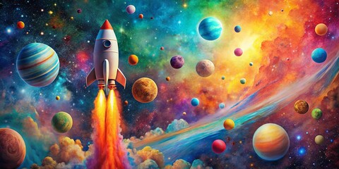 A Cosmic Journey A White Rocket Blazes Through a Multicolored Galaxy, Surrounded by Planets of Vivid Hues and a Dusty, Star-Strewn Sky