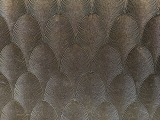 Texture of bird feather shape pattern wall paper, in gold and bronze metallic color. Birds feather and leave foliage pattern wall covering, seamless background texture.