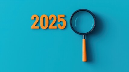 A magnifying glass focuses on the year 2025, symbolizing future exploration and insights on a vibrant blue background.