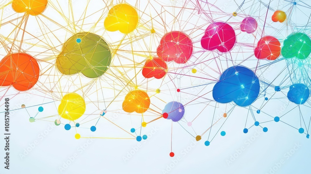 Poster colorful abstract network design representing connections and communication in a digital world.