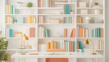 Fototapeta premium A bright and inviting office space featuring white bookshelves filled with books and vibrant color accents.