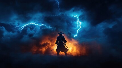 A silhouette of a warrior against a stormy backdrop with lightning and fire.