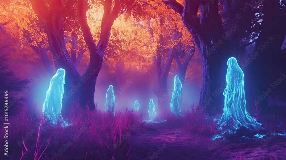 Poster Ethereal forest scene featuring glowing ghostly figures amidst vibrant trees and mist, creating a mystical and enchanting atmosphere.