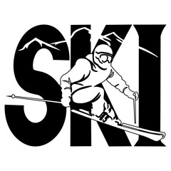 Skiing, Hand Drawn Vector Illustration