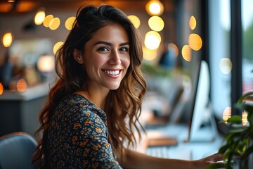 Obraz premium Smiling Woman with Brown Hair and Floral Dress at a Coffee Shop