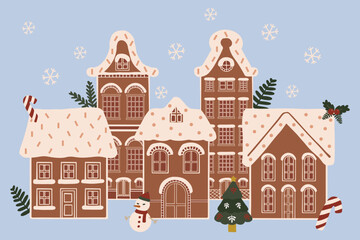 Hand drawn gingerbread houses village group collage. Isolated Christmas cookies with icing and candies elements. Winter holidays celebration decoration dessert vector