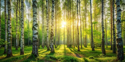 Obraz premium Golden sunlight filtering through a vibrant birch forest, casting long shadows on the lush green undergrowth