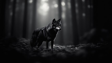 A black wolf standing in a misty forest with soft light filtering through the trees.