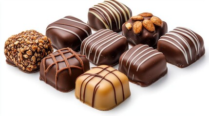 A photostock images of chocolate pralines in assorted designs on a clean white background