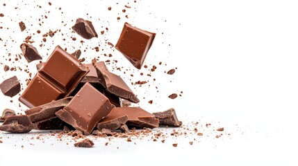 A photostock images of chocolate splash in the air with pieces of chocolate on a clean white background