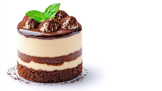 A photostock images of chocolate tiramisu dessert served on a clean white background