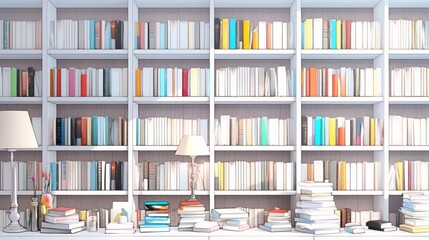  white bookshelf in an office setting showcases a collection of neatly arranged hardcover books and stylish lamps.