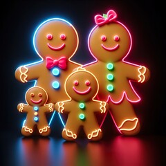 A Beautiful funny gingerbread family on a black background. 3D rendering. Neon lights