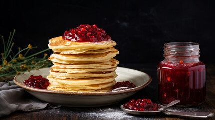 Fluffy pancakes stacked high on a plate with a jar of homemade jam beside it, Fluffy pancake stock photo