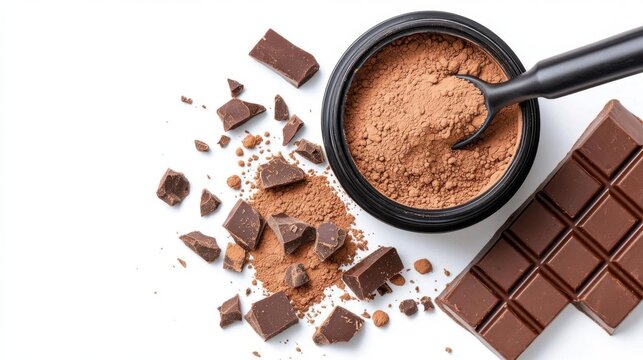A photostock images of cocoa powder spilled next to chocolate bars on a clean white background