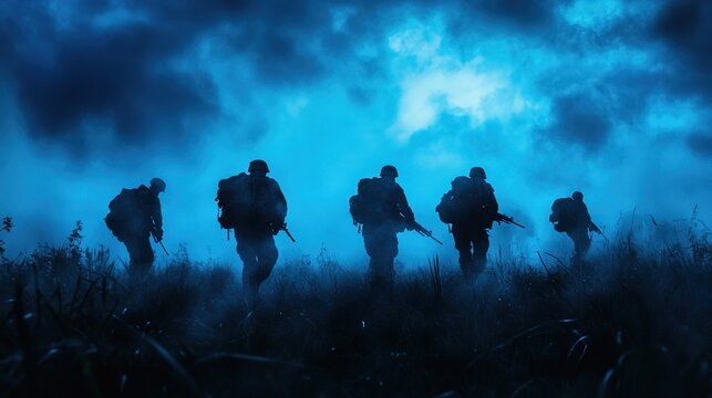 Soldiers advancing through fog under blue lighting 