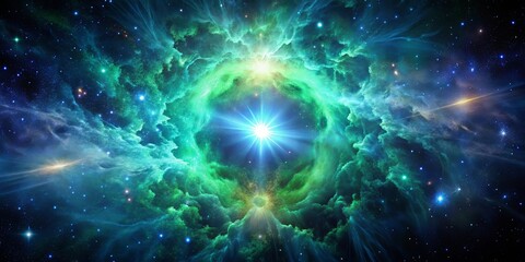 Obraz premium A celestial dance of cosmic clouds, a bright star shines through a vibrant nebula, illuminating the vastness of the universe.