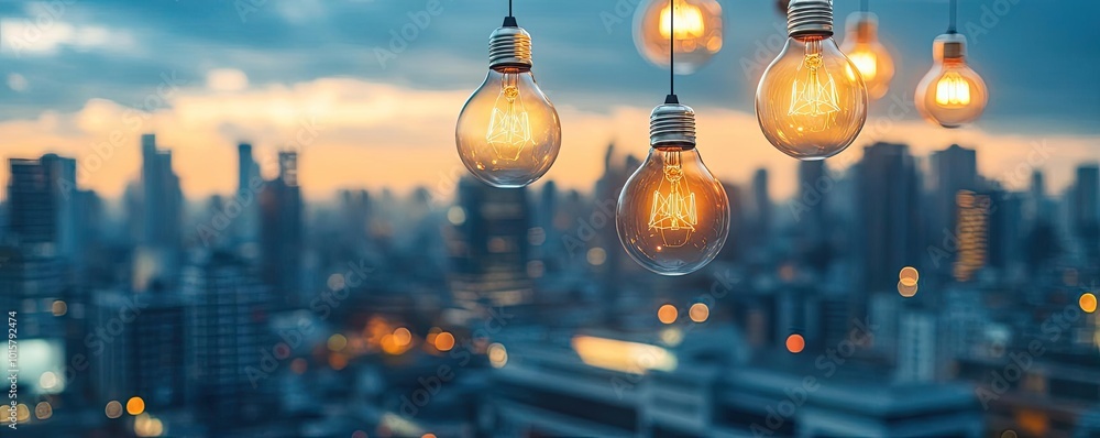 Poster twinkling lights illuminate a city skyline against a colorful dusk sky, creating a warm and inviting