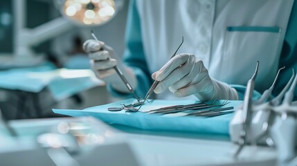 Dentist preparing for a root canal by organizing dental instruments