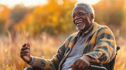 An elderly African American man in a wheelchair laughs and waves his arm  