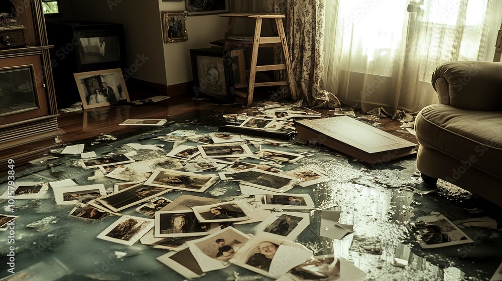 Poster A water-damaged living room with soaked family photos scattered across the floor, capturing the emotional weight of loss after flooding, water splashes adding dynamic effect 