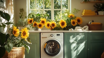 Bright laundry room filled with sunflowers and plants 