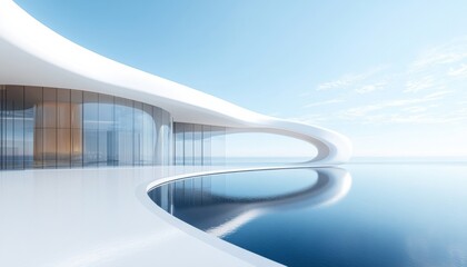 A luxurious white building with a curved facade and expansive glass windows offers breathtaking views of the sea, reflecting clear blue skies