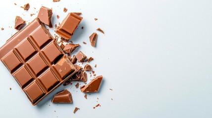 A photostock images of pieces of chocolate bar breaking apart on a clean white background