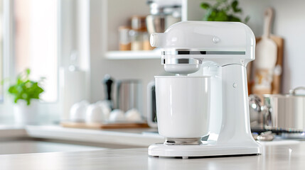 A sleek white kitchen mixer sits on a clean countertop in a bright and modern kitchen, ideal for culinary and baking enthusiasts.