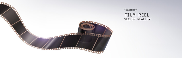 Movie banner with film strip roll on white background with space for text. Realistic 3d vector cinema or photography negative 35mm reel tape. Cinematography and photograph bg with curve filmstrip.