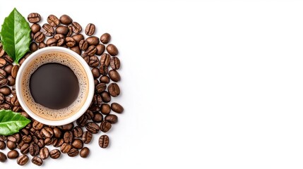Naklejka premium A photostock images of steaming coffee with coffee beans scattered around on a clean white background