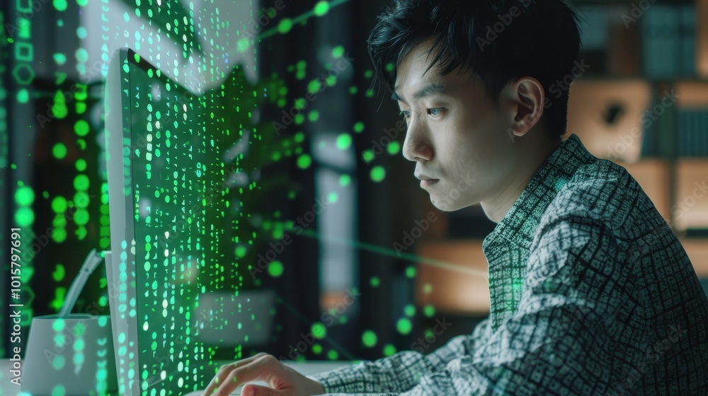 Poster a man is sitting at a desk and typing on a computer