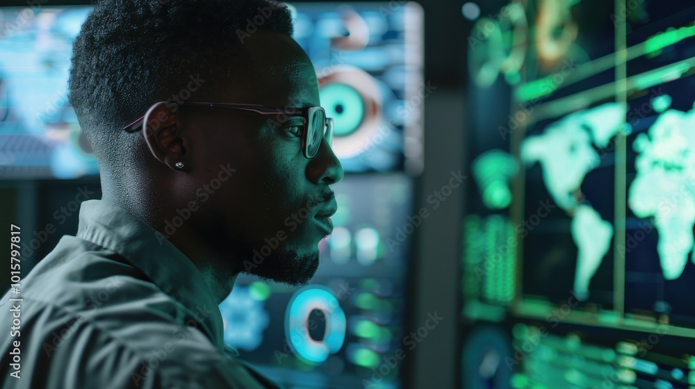 Poster a man wearing glasses is looking at a computer screen with multiple monitors