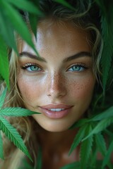 Naklejka premium Beautiful woman with freckles is posing with cannabis leaves