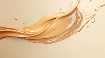 An artistic depiction of golden liquid in an elegant sweep, frozen in time, highlighting movement and grace on a warm beige background.