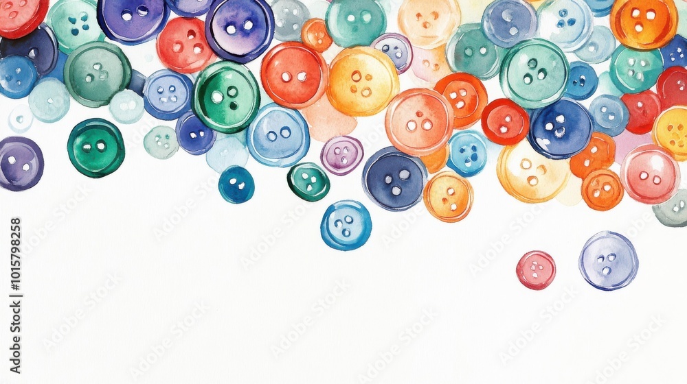 Poster colorful buttons in various shapes and sizes scattered across a white background creating a cheerful