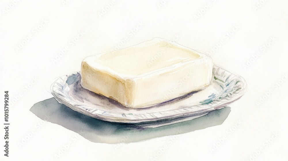 Poster a block of butter resting on a decorative plate against a soft white background, showcasing its crea