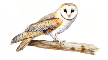 A barn owl perched on a rustic branch in a serene natural setting, showcasing its distinct plumage and keen expression