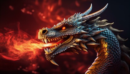 A dragon with red flames coming out of its mouth