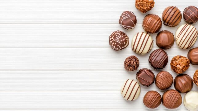 A photostock image of assorted chocolates and truffles on a wooden table on a clean white background