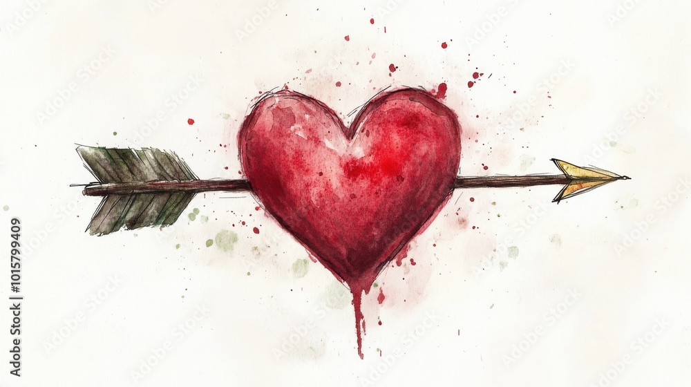 Poster heart pierced by an arrow showcasing vibrant colors and artistic splatters in a creative expression 
