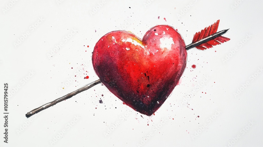 Poster vibrant red heart pierced by an arrow surrounded by colorful splashes and artistic details