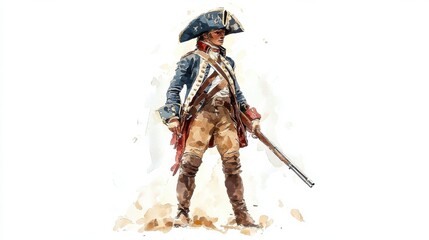 A Revolutionary War soldier stands proudly in a historical military uniform with a musket ready for action during the 1780s